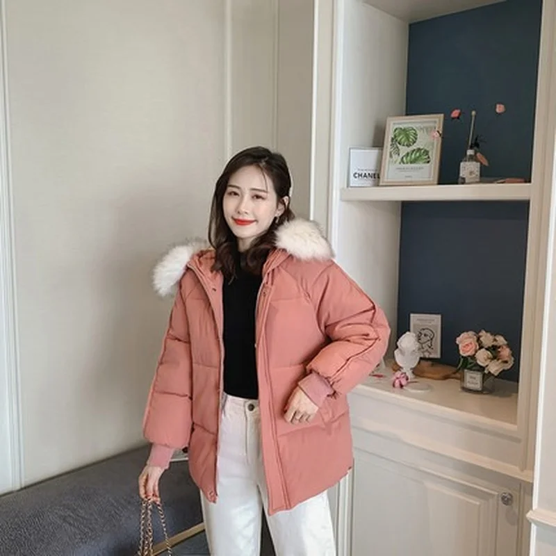 Loose Fur Collar Parkas Women Autumn Winter Thick Warm Down Coats Solid Color Zippers Hooded Outwear Urban Women Commute Jackets