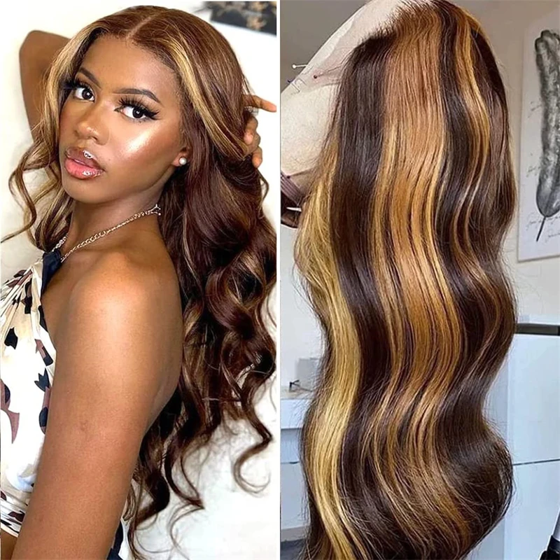 

Full Lace Wig With 4x4 Silk Base Wavy Highlight Color Brazilian Human Hair Wig With Baby Hair Glueless Preplucked Bleached Knots