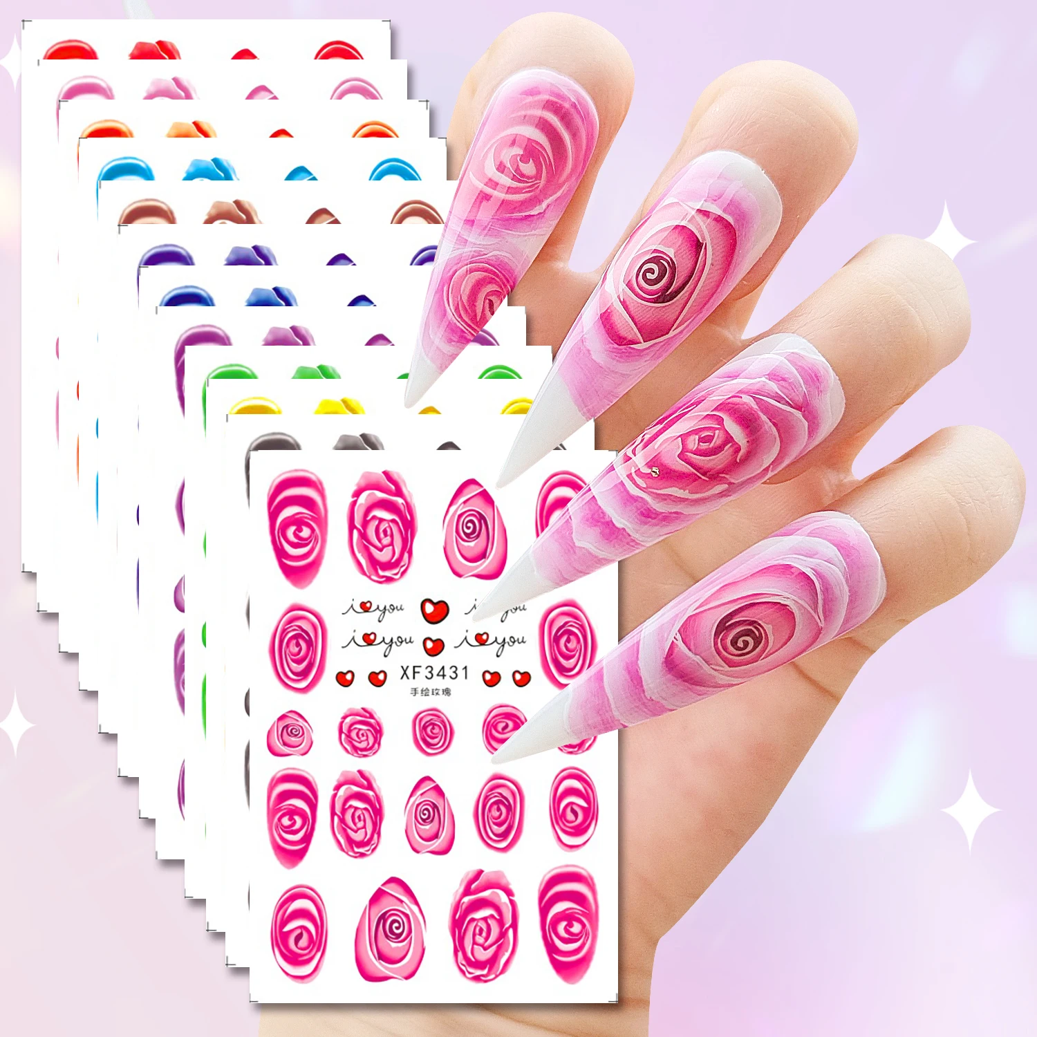 

1 упаковка, новинка, ручная роспись, наклейки для ногтей с цветком розы, 3D рендеринг, наклейки для украшения ногтей, DlY Press On Nails, аксессуары для дизайна ногтей