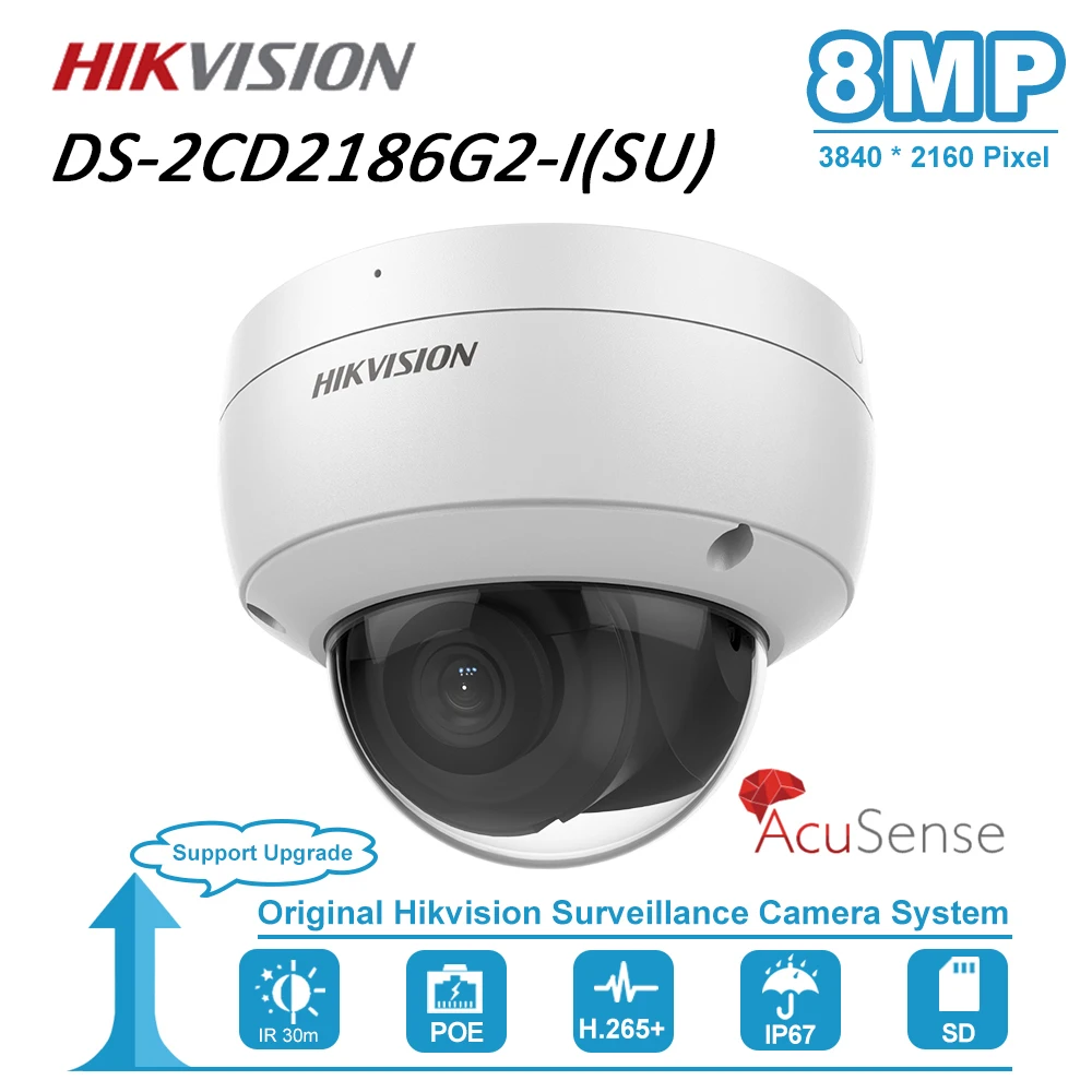 

Hikvision Original DarkFighter AcuSense Network Dome Camera 4K POE IR DS-2CD2186G2-ISU 8MP CCTV Camera Built-in Mic IP67 IK10