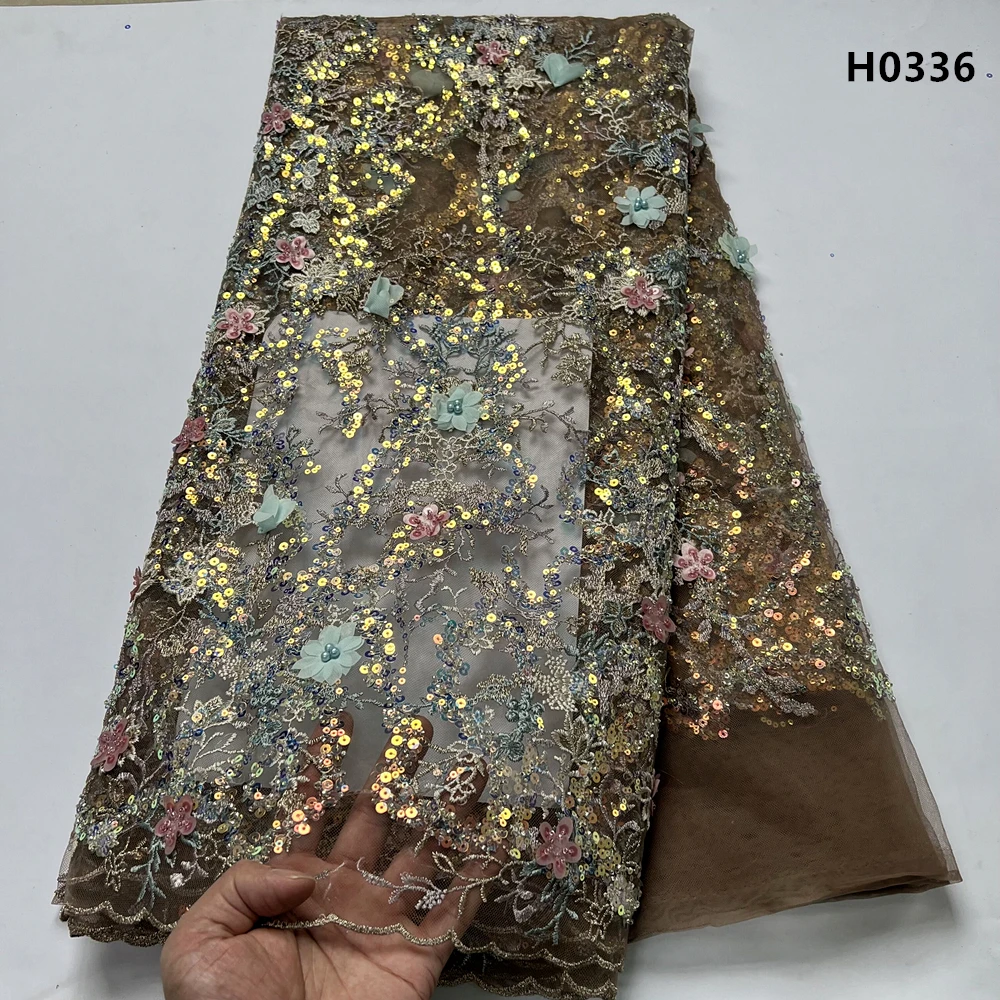 

2023High Quality Tulle With Sequins Embroidery Sewing Lace Fabric African Nigerian Net Cloth Beads Stone Prom Dresses 5Yards