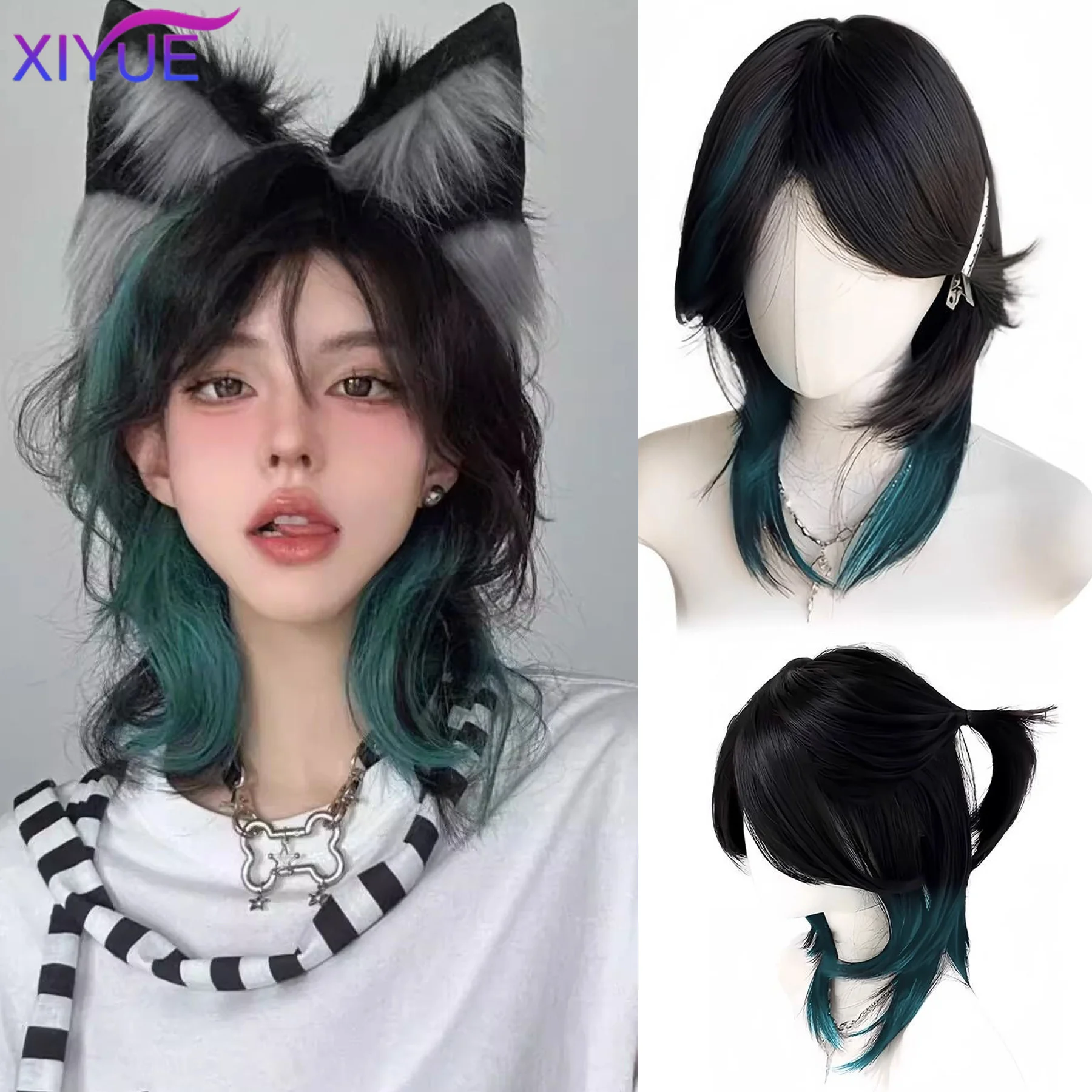 Парик для мужчин и женщин XY Mullet Head короткий синтетический прямой черный зеленый