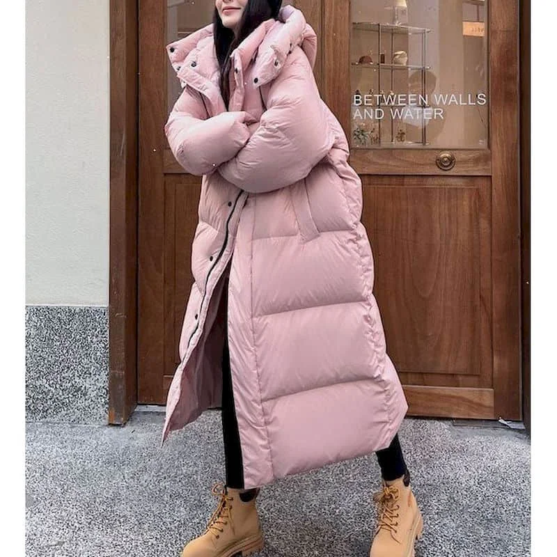 

Стеганый пуховик, толстые куртки большого размера на белом утином пуху с капюшоном, женская Свободная Повседневная винтажная зимняя одежда до щиколотки для женщин