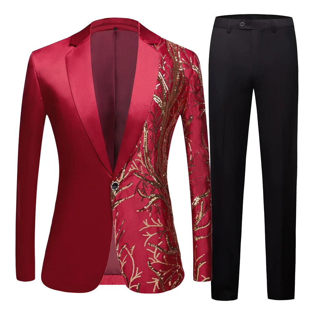 

Men's embroidered sequin suits gold sequin stage performance costume hip-hop suit Wedding Party Slim Fit Men Dress Blazers Set