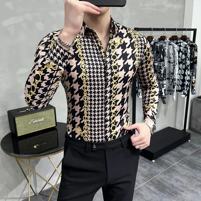 

3D Printed Khaki Men Shirt Autumn Turndown Collar Button Handsome Male Casual Shirts Plus Size Mens Fashion Clothes