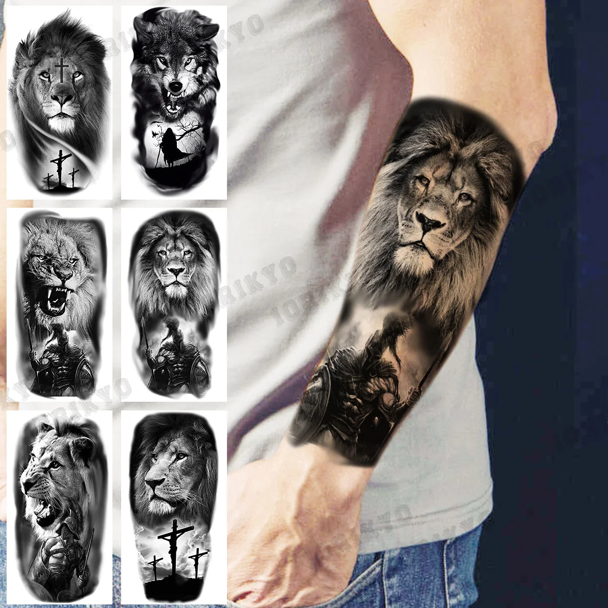 

Black Lion Warrior Temporary Tattoos For Men Adult Wolf Cross Fake Tattoo Realistic Waterproof Body Art Decoration Tatoo Sticker