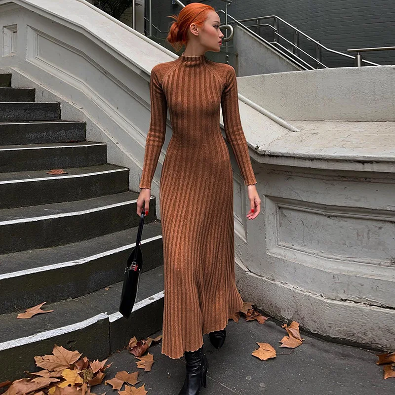 

Women's Fall New Net Color Pit Strip Long-Sleeved Splicing Backless Twisted Knot Long Dresses Women