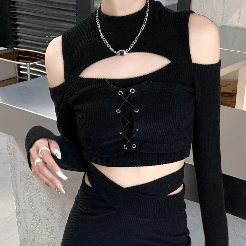 

Goth Dark Techwear Y2k Punk Cut Out Women T Shirts Mall Gothic Bandage Black Crop Tops Grunge Sexy Patchwork Skinny Alt Clothing