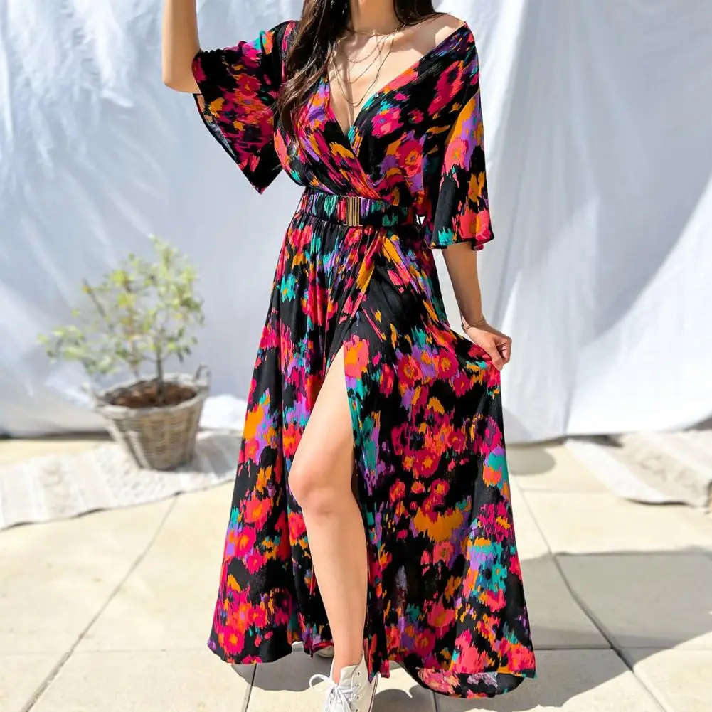 

Женское платье с цветочным принтом, Элегантное Длинное платье с глубоким V-образным вырезом и рукавом до локтя, облегающее платье с высоким ...