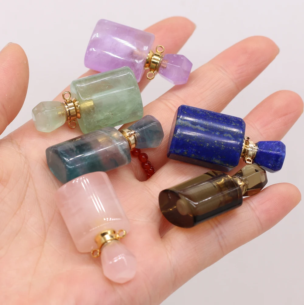 

Natural Stone Perfume Bottle Pendant Rose Quartzs Amethysts Essential Oil Diffuser Charms Various Shapes for DIY Jewelry Making