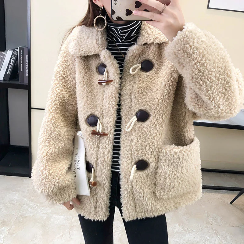 2022 New Fashion Luxury Winter Jacket Women's Coat Single Breasted Woven Real Natural Wool Fur Lapel Warm Loose Outerwear E630