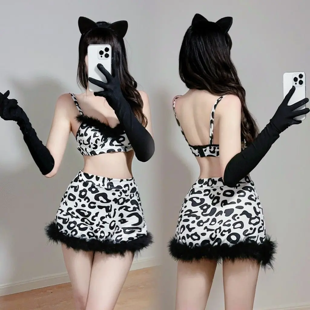 

Hikigawa шикарный модный женский сексуальный клубный Леопардовый лоскутный Тонкий Топ + мини-юбка с высокой талией нарукавники Y2k 2 комплекта женская одежда