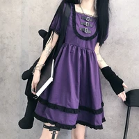 qweek goth japanese harajuku gothic lolita dress 2021 puff sleeve party purple plaid dress lace ruffle dress sweet pastel