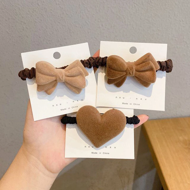 

Fashion Women New Hair Accessories Cute Bow Knot Hair Ties Khaki Coffee Heart Plush Sweet Rubber Bands Scrunchie Hair Rope