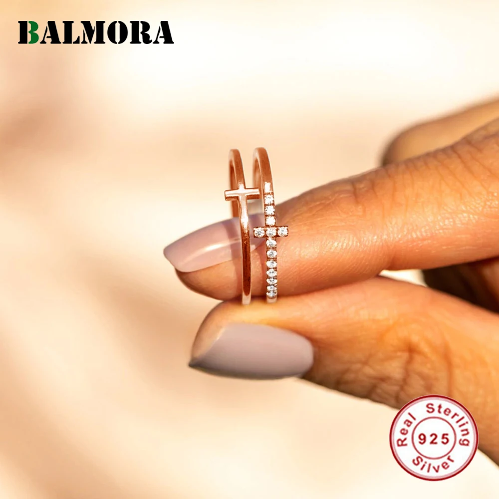 

BALMORA S925 Silver Double Cross Zircon CZ Finger Rings For Women Girl Luxury Geometric Minimalist Statement Anillo Jewelry Gift