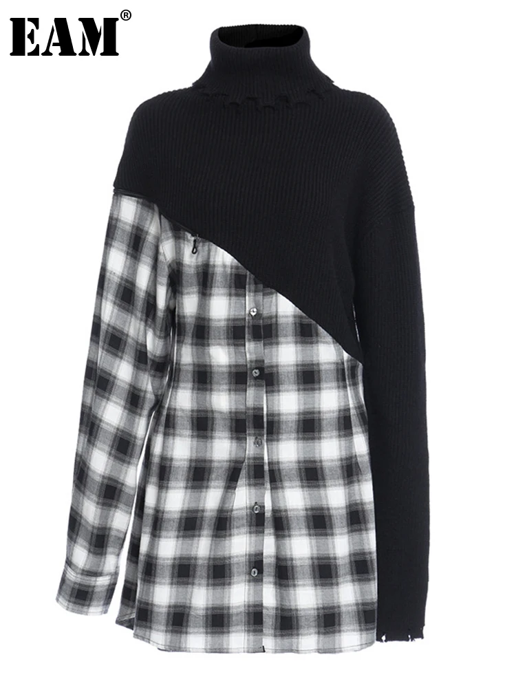 

[EAM] Women Black Plaid Irregular Knitting Dress New Turtleneck Long Sleeve Loose Fit Fashion Tide Spring Autumn 2022 1Z175
