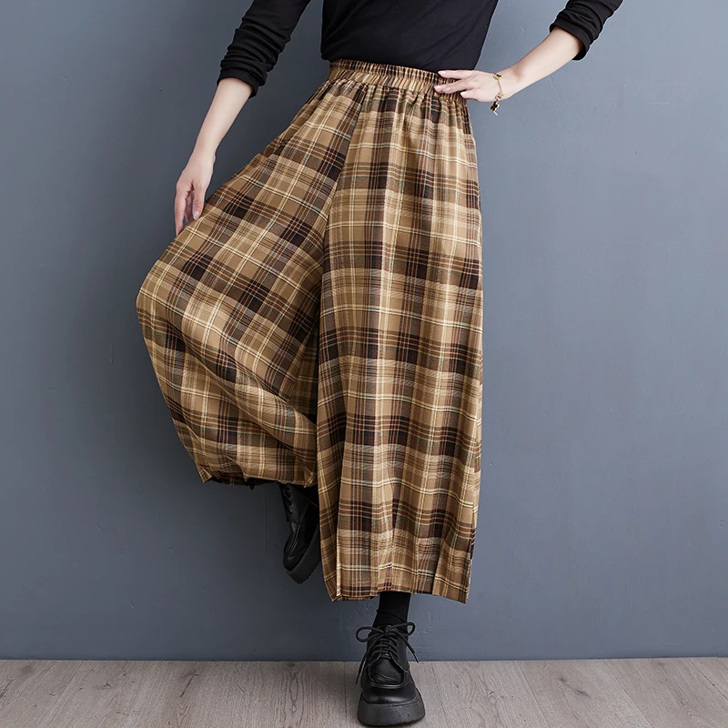 

2023 Autumn Winter New Wide Leg Trousers Women Oversized Straight Check Casual Pleated Casual Pants