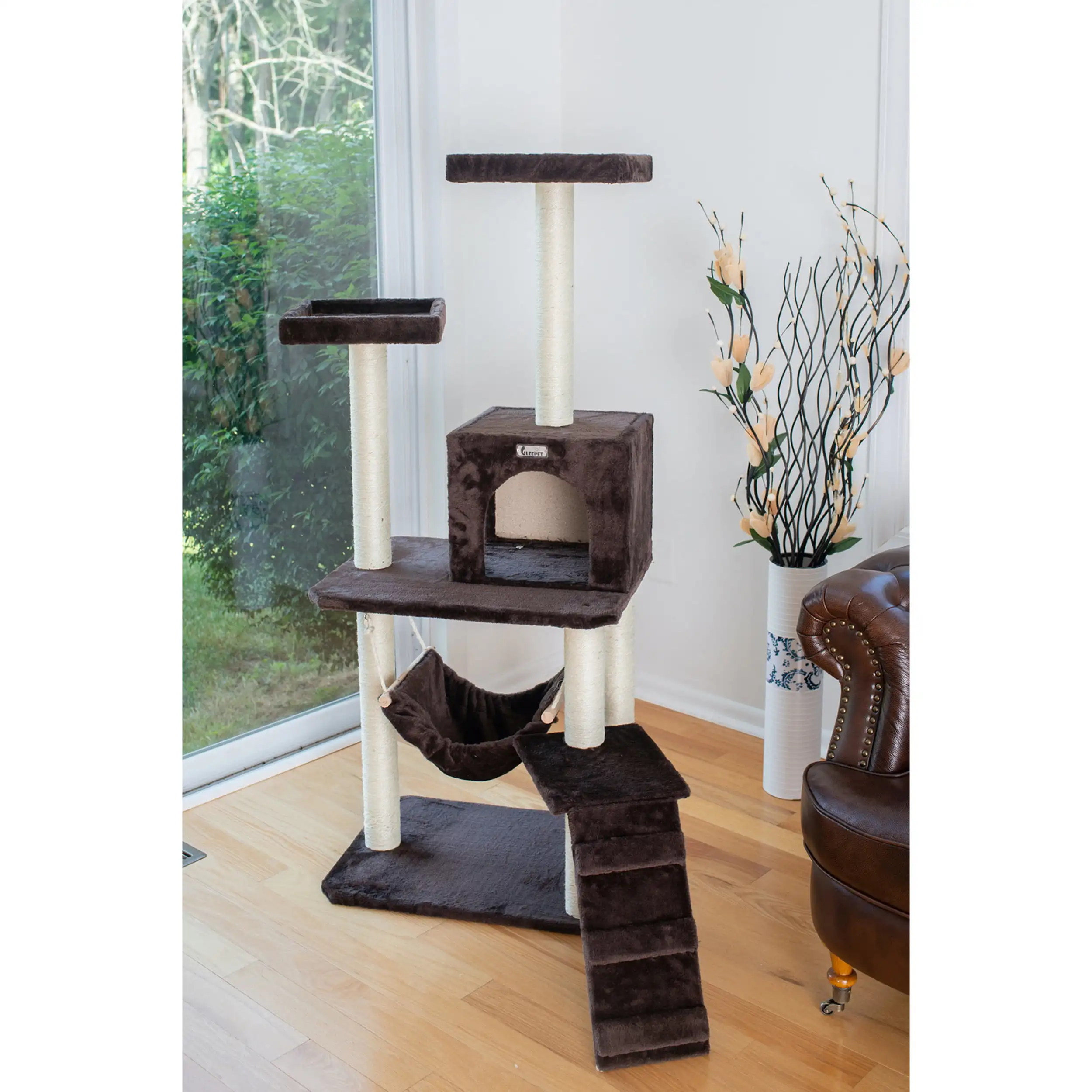 

57-in real wood Tree & Condo Scratching Post Tower, Coffee Brown