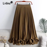 elegant vintage irregular ruffles folds pleat skirts woman 2022 new office lady commute all match elastic high waist midi skirts