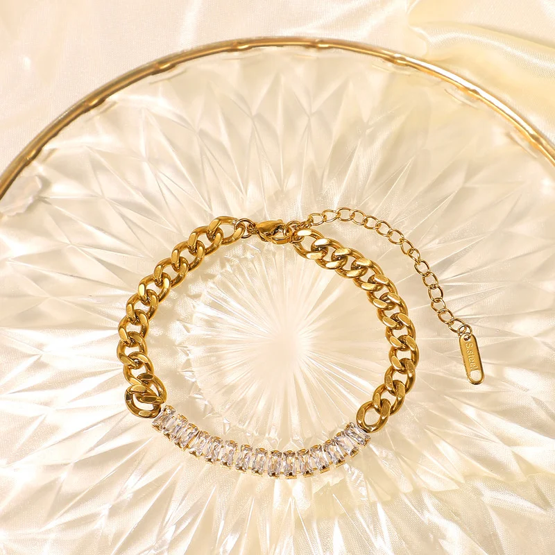 

Minar Delicate Shiny CZ Zirconia Splicing Charm Bracelet for Women Gold Color Stainless Steel Chunky Cuban Chain Bracelets Gifts