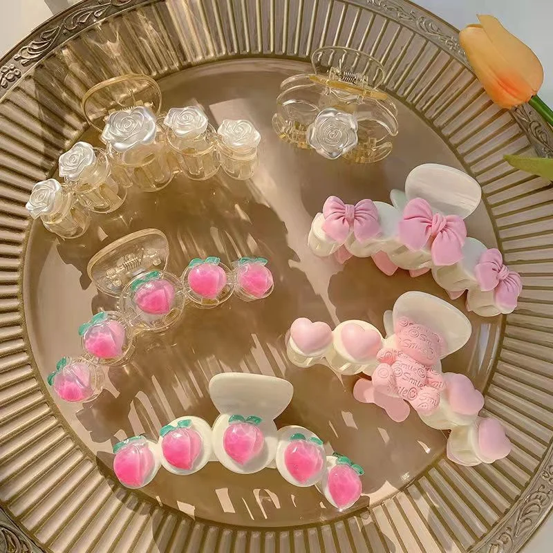 

New girls Plastic Hair Claw Elegant Pink Flowers Hair Clips Barrette Crab Headband Ponytail Clip Headwear hair accessories tiara