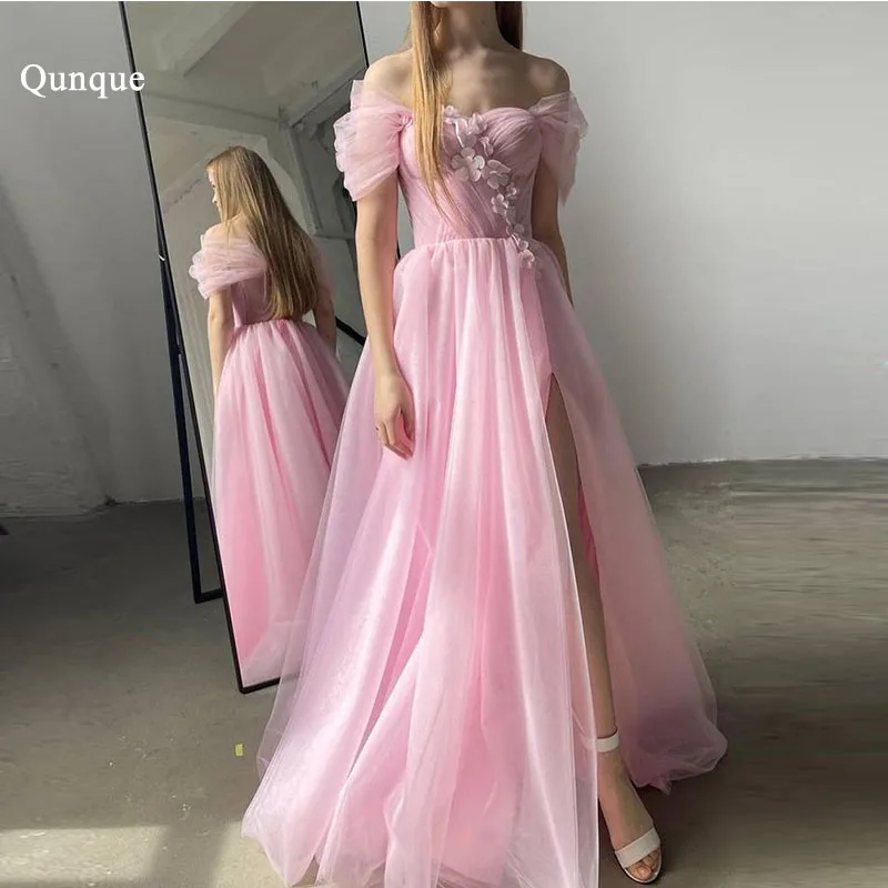 Qjall Цветы Тюль Розовый Vestidos De Noche Индивидуальные Тюлевые платья трапециевидной