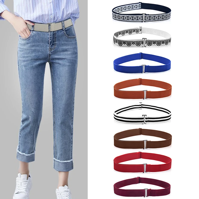 Adjustable Size Flat Buckle Elastic Waist Belt Jeans Pant Belt Women Belt No Show Stretch Belt Invisible Belt Slim Elastic Band