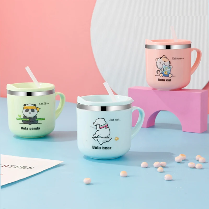 

Portable Stainless Steel Baby Straw Water Cup Baby Creative Cup Anti-scalding Double-layer Insulation With Lid And Handle