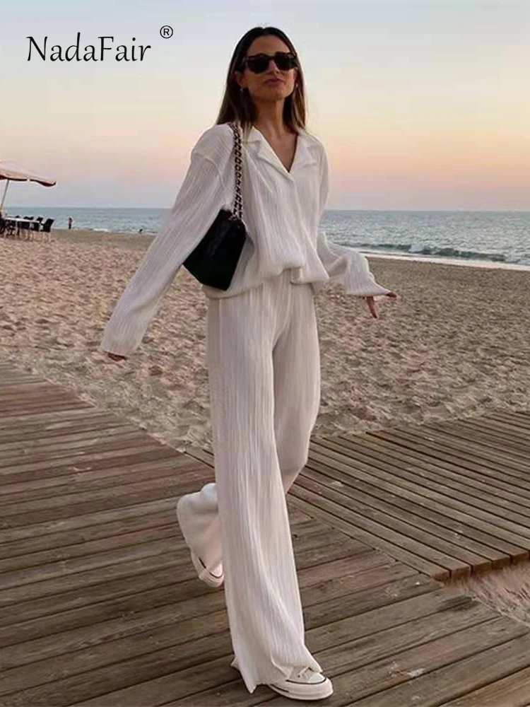 

Nadafair Pleated Green Casual Autumn Long Sleeve Blouse High Waist Flare Trousers Women 2 Piece Pants Set Loungewear Blue Y2K