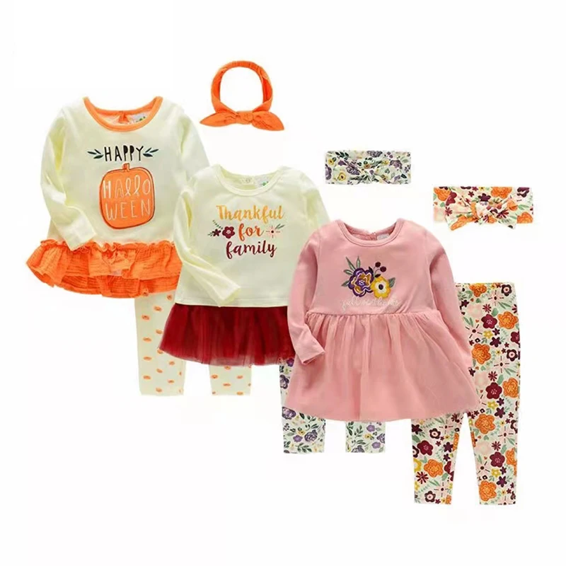 12-24M Baby Clothing Set Soft Cotton Baby Girl Clothes Top+Pant+Headband 3-Piece Set Floral Cartoon Long-Sleeve Baby Dress Girls