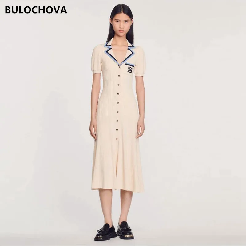 BULOCHOVA New Fashion Designer Single-Breasted Knitted Long Dress For Women Notch Collar Puff Short Sleeve Casual Vestidos 2023