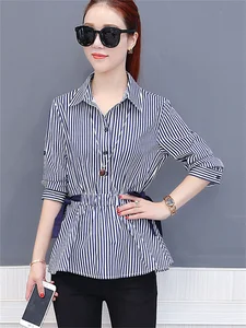 Женская офисная одежда, весна-лето, стильные шифоновые женские блузки рубашки, повседневные блузы с длинными рукавами и поясом, DF1773