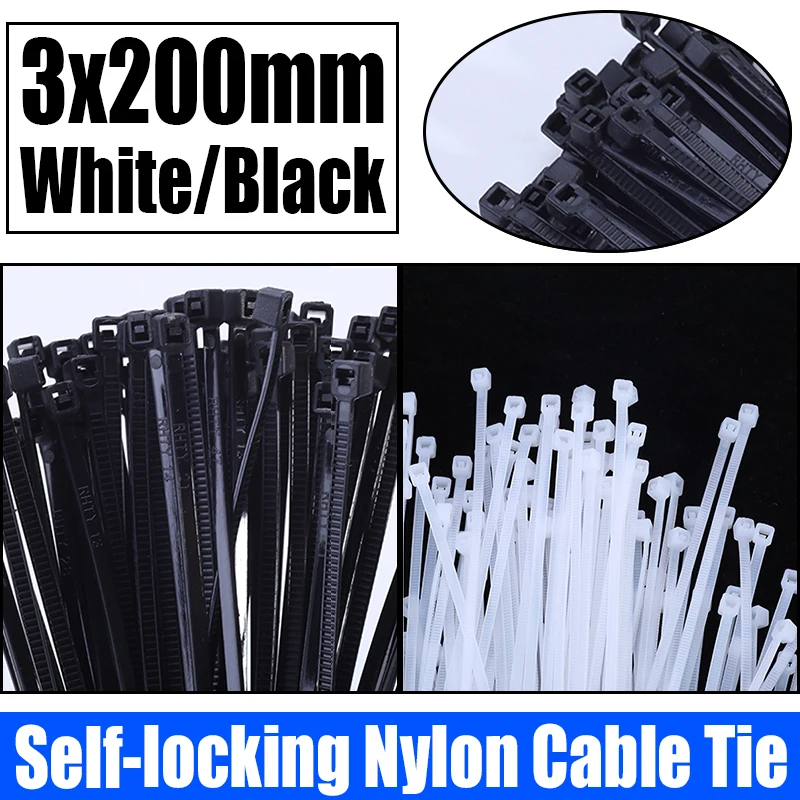 

500PCS White/Black Self-locking Plastic Nylon Cable Tie Zip Wrap Strap Nylon Cable Tie Cable/Wire Fastening Ring 3x200mm