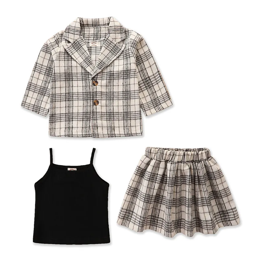 

3PCS Girl Set Black Vest + Plaid Coat + Skirt Suits for Kids Children Falls Clothes