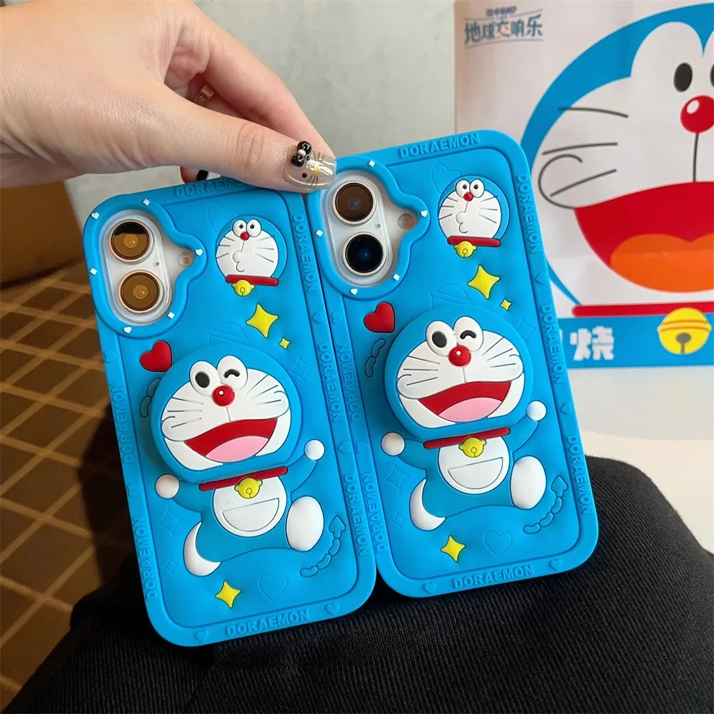 For iPhone 16 Pro Max 15 14 Plus 13 12 11 XR Kawaii Fashion Doraemon Ding Dong Soft Silicone Cover With Holder Case