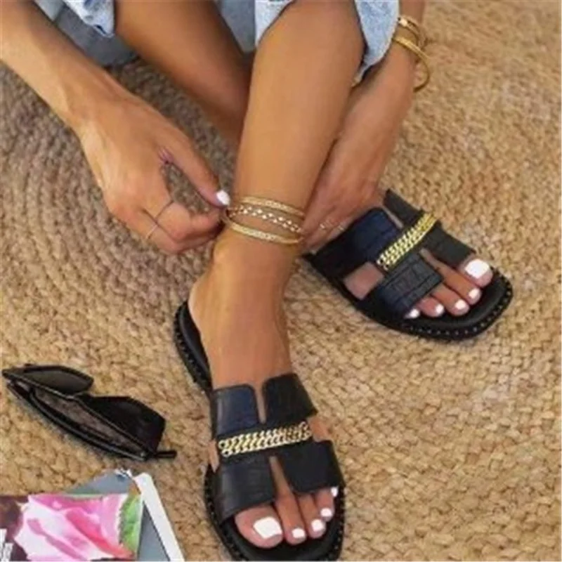 

Classic Designer New 2022 Women Flat Flip Flops Double Chain Sandal Slippers Shoes Women Lady Flats Slippers Sandals Shoes Woman