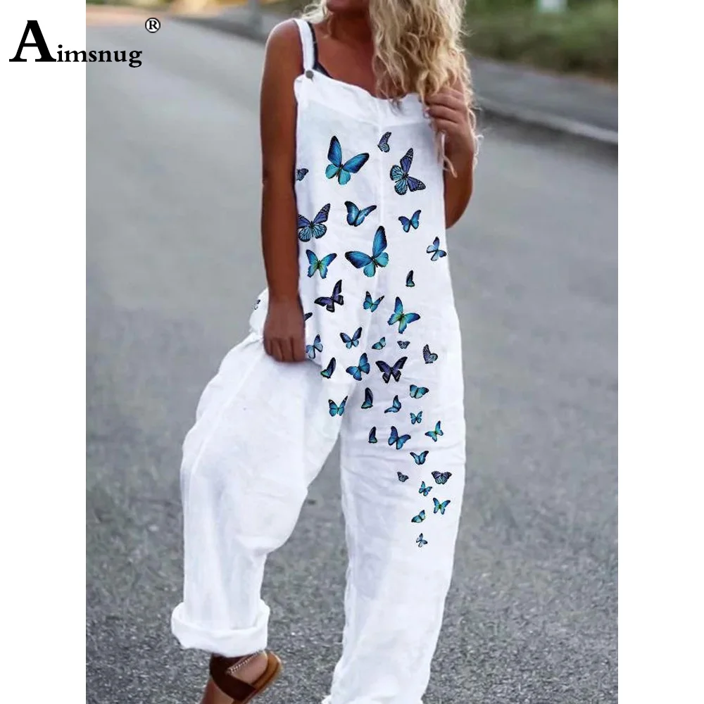 Aimsnug 2022 European Bohemian Butterflies Print Jumpsuits Women Straight Leg Trousers Female Strappy Cotton Linen Bodysuits