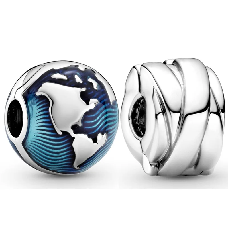 

Original Blue Globe Etched Braided Clip Stopper Beads 925 Sterling Silver Charm Fit Europe Bracelet Bangle Diy Jewelry