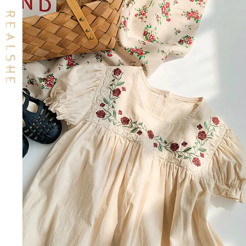 

Sweet Baby Girls Print Dresses 2023 New Clothes Kids Summer Dress Short Sleeve Floral Embroidery Children Party Dress