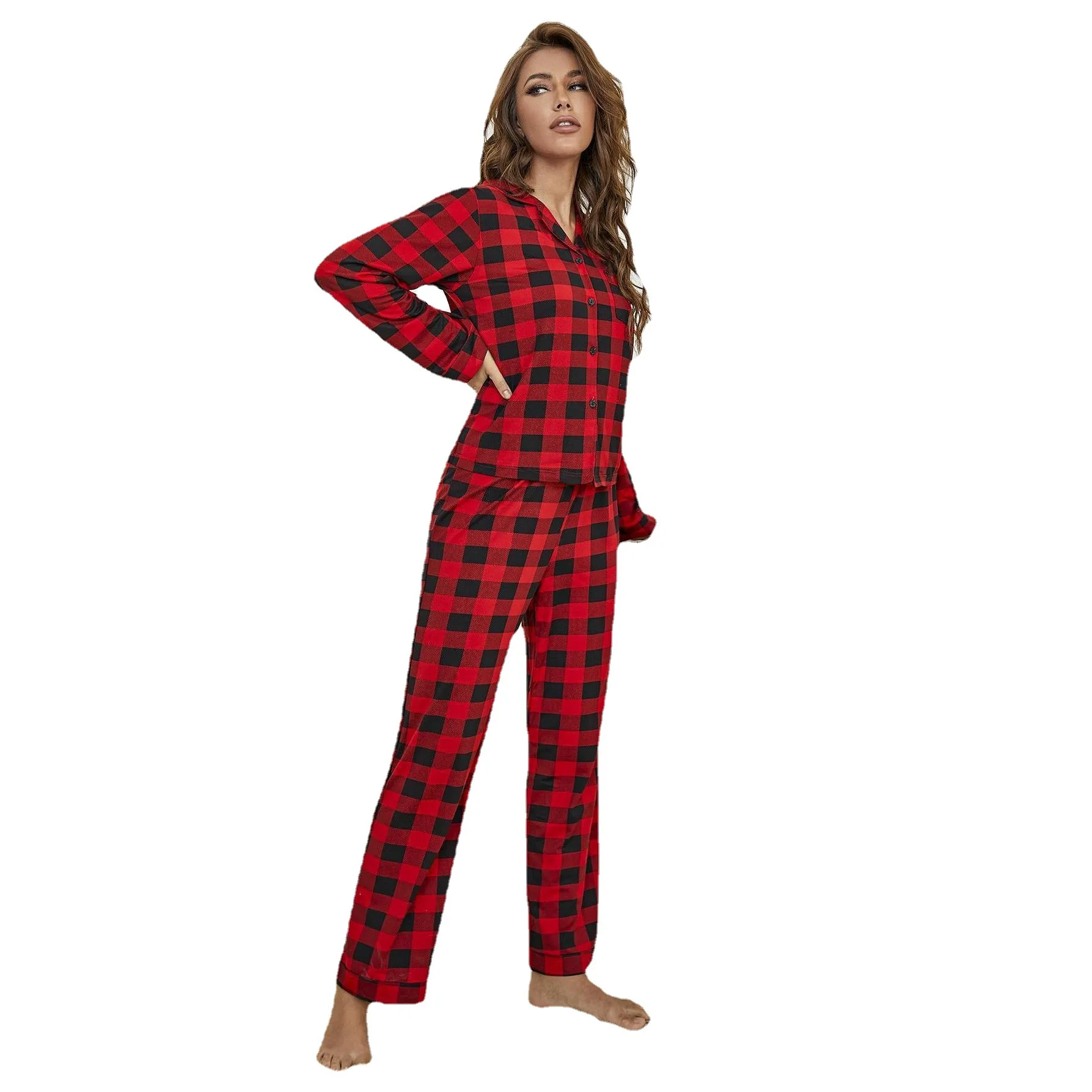 Christmas Pajamas Set For Women Plaid Print Rayon Soft Autumn Winter Nightwear 2 Pieces Home Cloth Loungewear Sleepwear