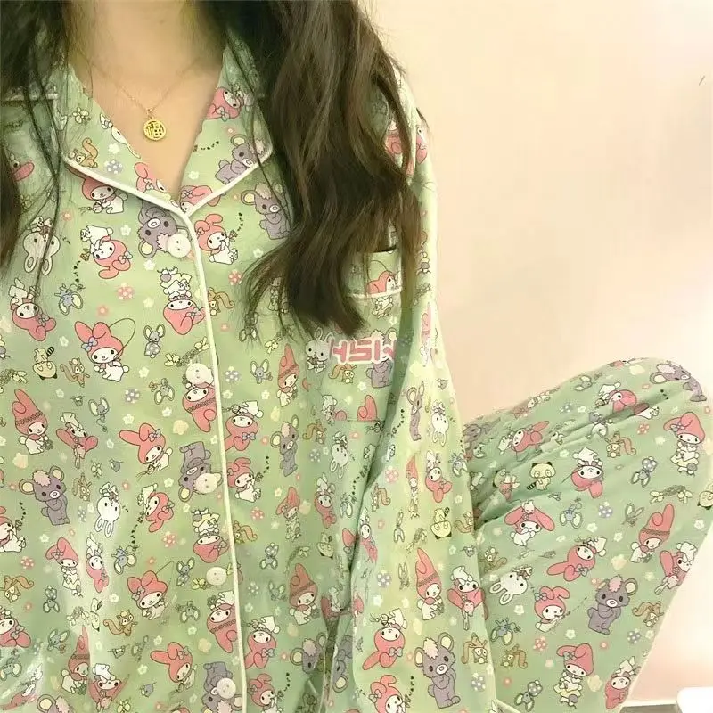 Kawaii Pijamas for Yong Girls Women Cute Pink Pajamas 2 Pieces Spring Nightwear Cartoon Sleepwear Home Suits Long Sleeve Pants