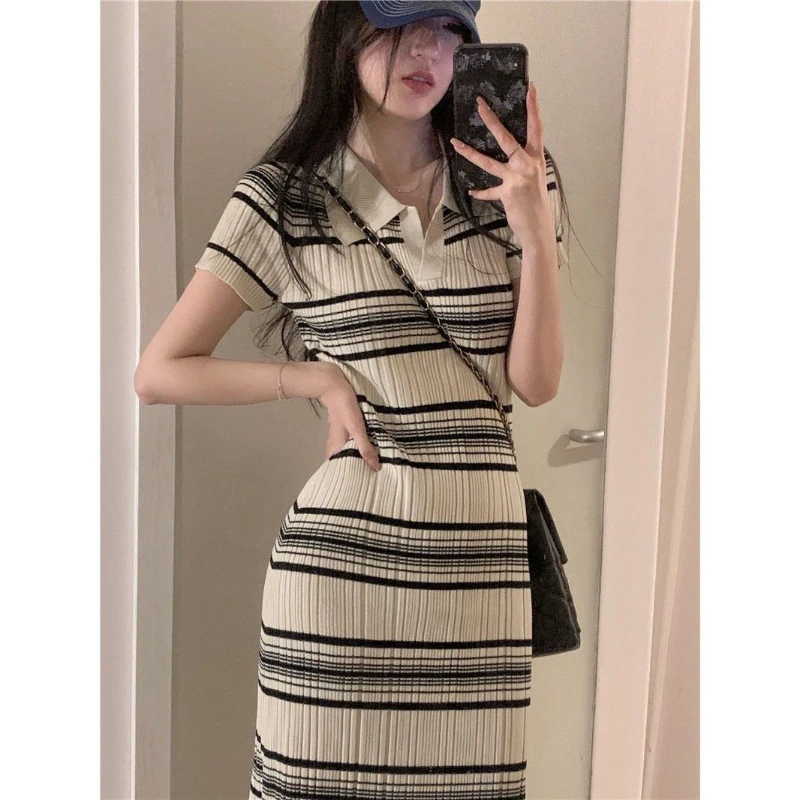 

Knitted Dress Women Summer Stripe Casual Polo Slim Mini Dresses Elegant O-neck Short Sleeve High Waist Dress Sweet