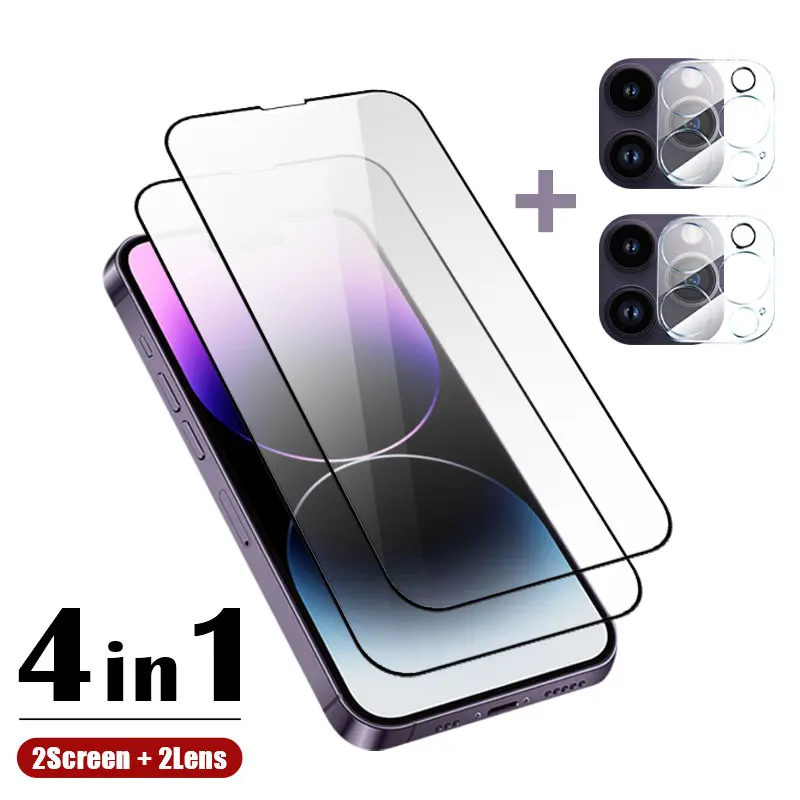 Закаленное стекло 4 в 1 для iPhone 14 plus 15 13 pro max 12 mini 11