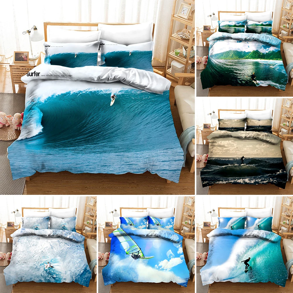 

Sea Wave Pattern Bedding Set 2/3pcs Full Queen King Size Surfing Theme Microfiber Quilt/Comforter Cover For Adults Bedroom Decor