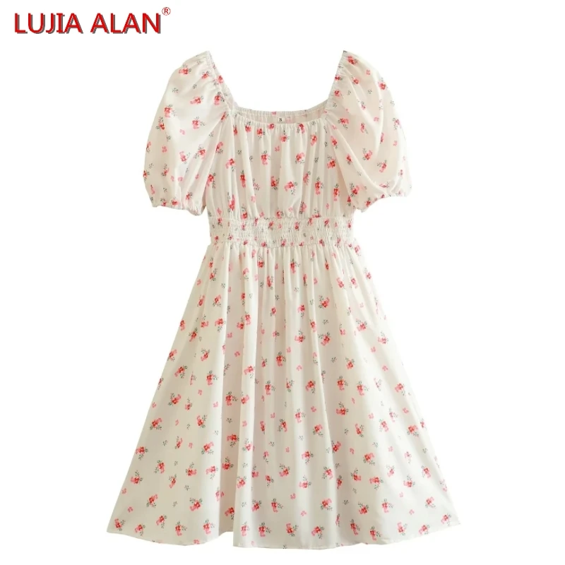 

New Women's Flower Printed Elastic Waist Mini Dress Female Summer Casual Square Collar Puff Sleeve Vestidos LUJIA ALAN WD2602