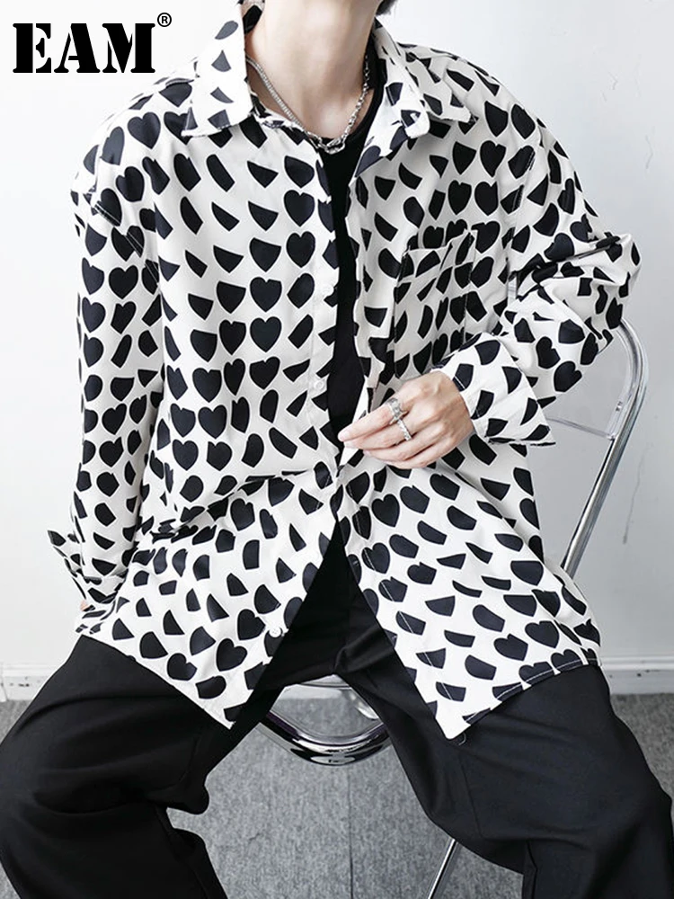 

[EAM] Women Black Pattern Printed Big Size Blouse New Lapel Long Sleeve Loose Fit Shirt Fashion Tide Spring Autumn 2023 1DF0864