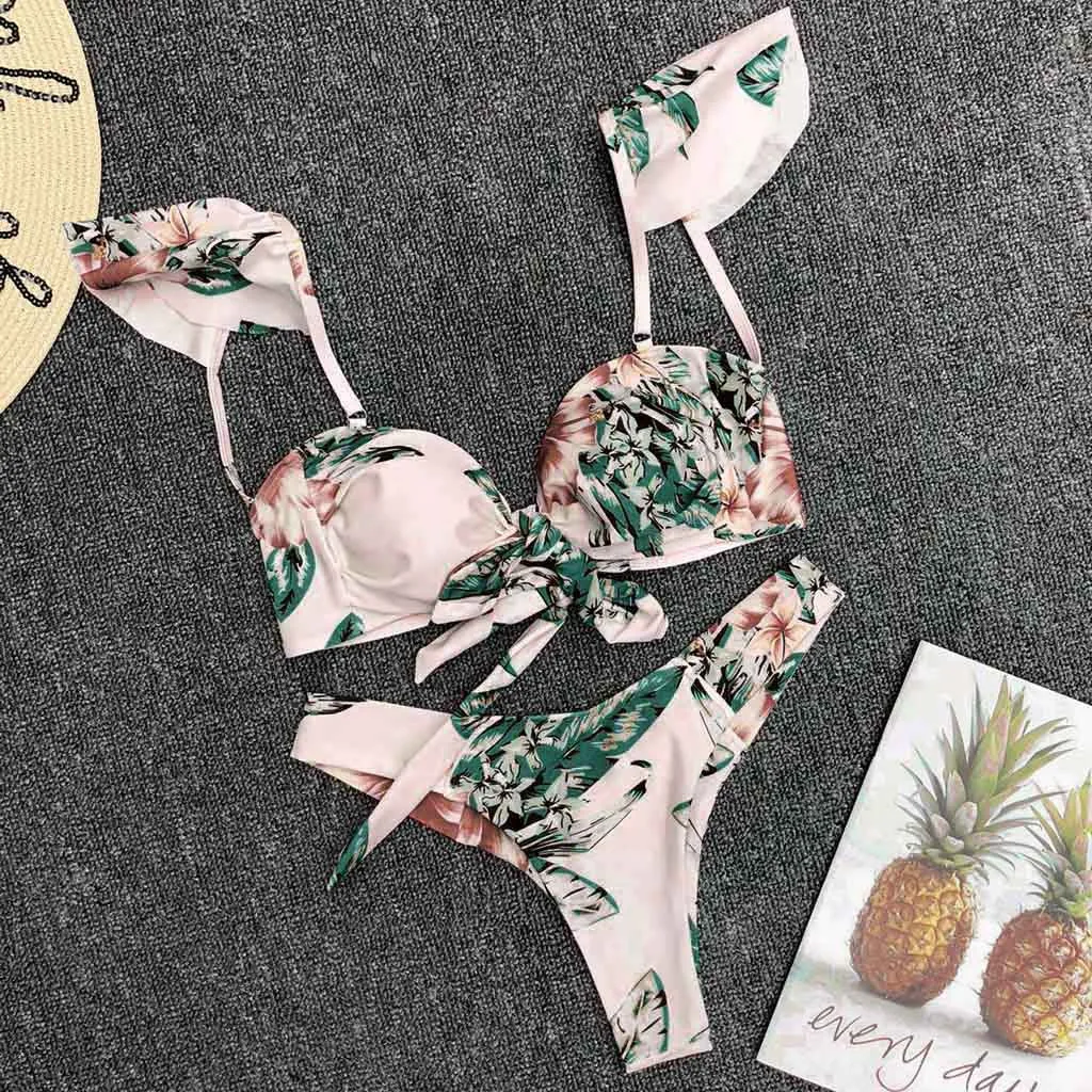 

2021 Women Sexy Bikini Set Lace Up Floral Print Bandage Swimsuit High Waist Thong Brazilian Biquini swimwear Summer Beach Wear