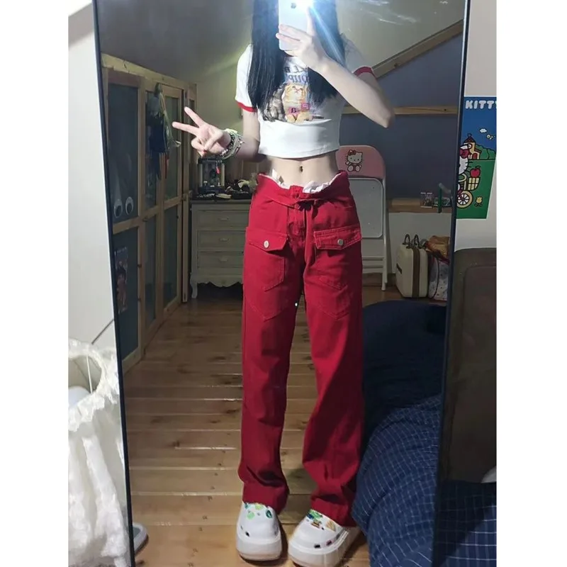 Vintage Red Slim American Trousers Hip Hop Work Clothes Jeans Y2k Streetwear High Waist Straight Casual Pants For Women Dancer