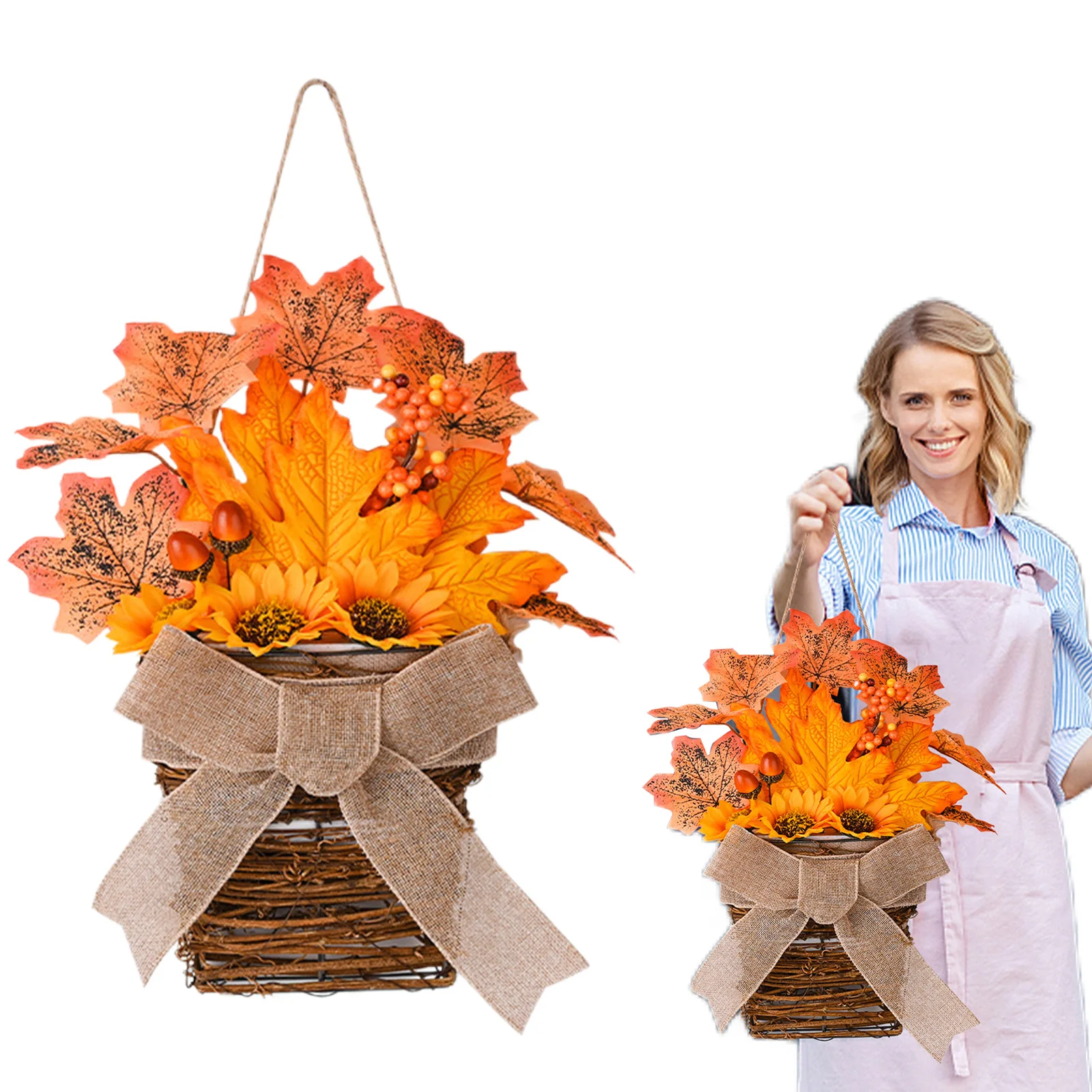 

Autumn Basket Wreath Faux Floral Wreath For Front Door Window Decorative Artificial Leaf Flower Wreath For Front Door