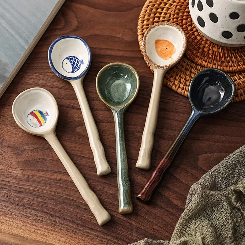 Japanese Style Ceramic Soup Spoon For Adult and Kids Kitchen Tableware Cute Cartoon Long Handle Spoon Teaspoon Cooking Utensil